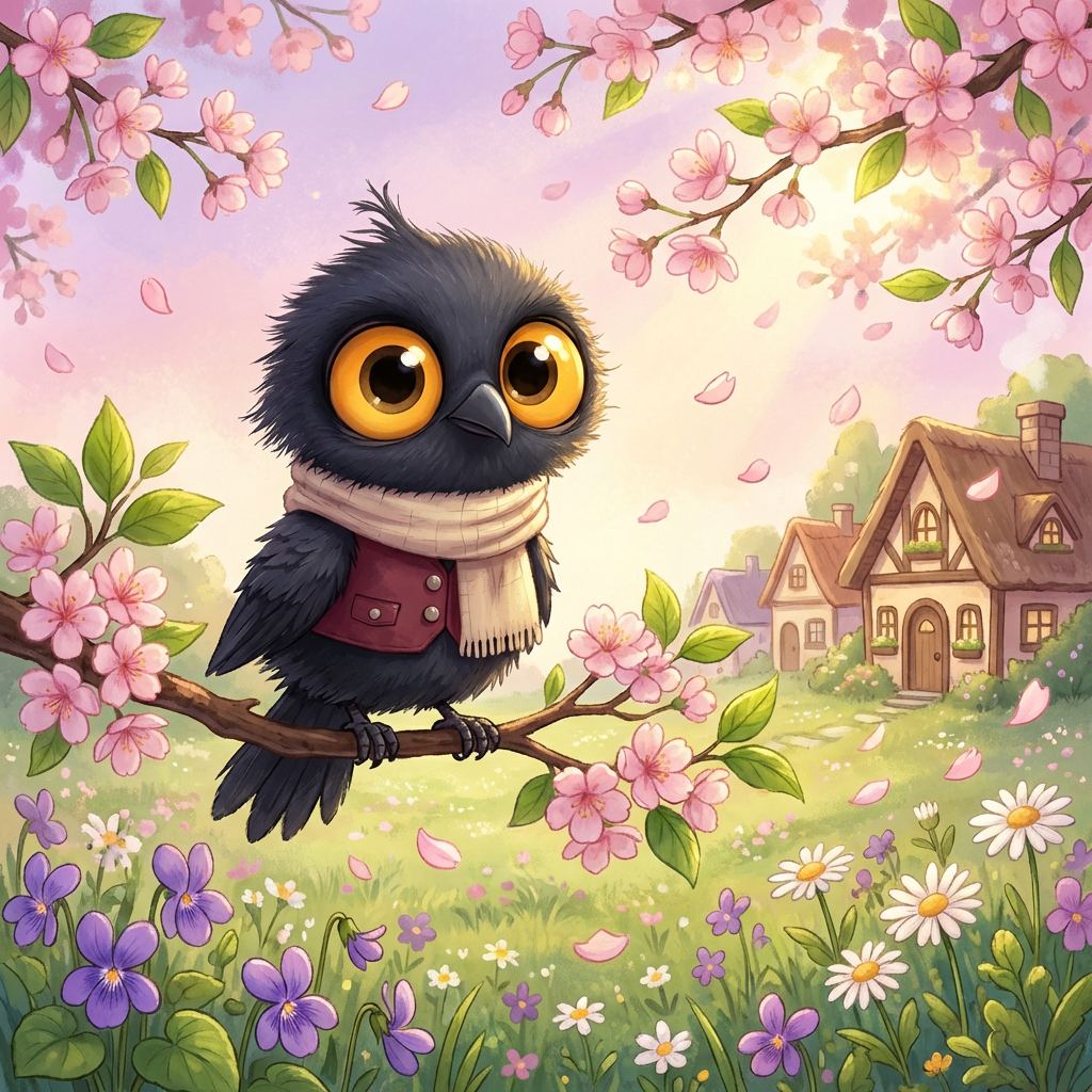 Noir Crowfeathers perched among spring cherry blossoms